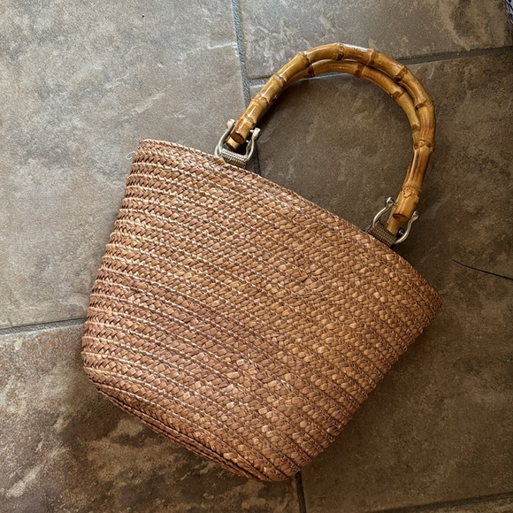 St John’s Bay Woven Wheat Straw Handbag-Bamboo Handles-Tan/Brown Color-EUC - Picture 8 of 16